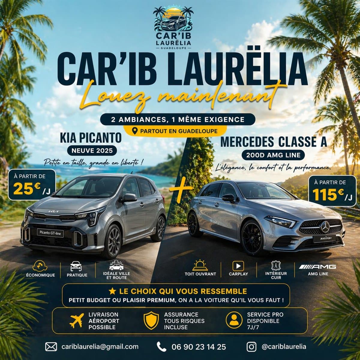 Flotte Car'Ib Laurëlia — Kia Picanto et Mercedes Classe A en Guadeloupe